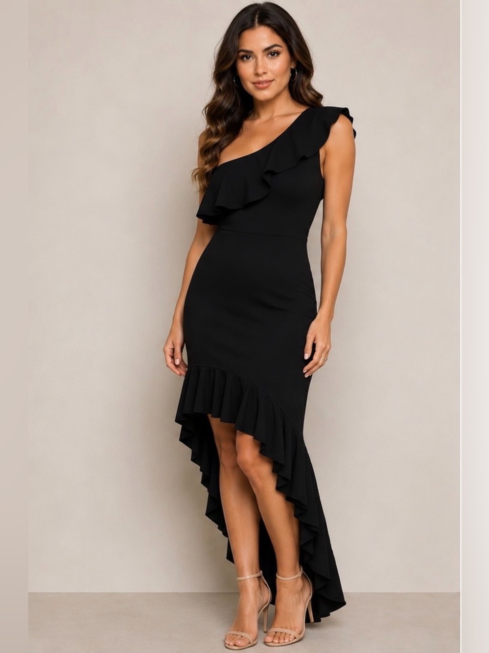 Elegant Black One-Shoulder Ruffle High-Low Dress